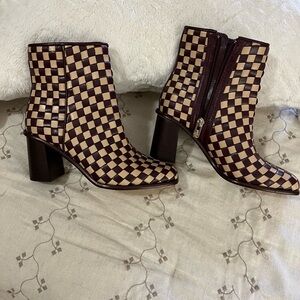 ANTONIO MELANI Burgundy and Tan Checkerboard Ankle Boots